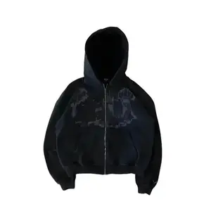 Men’s Y2K goth streetwear hoodie, hip hop street style, Harajuku gothic pattern, zip-up graphic sweatshirt, 1990s anime design