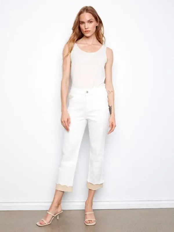 Charlie B White Cropped Twill Jeans With Contrast Scallop Cuff