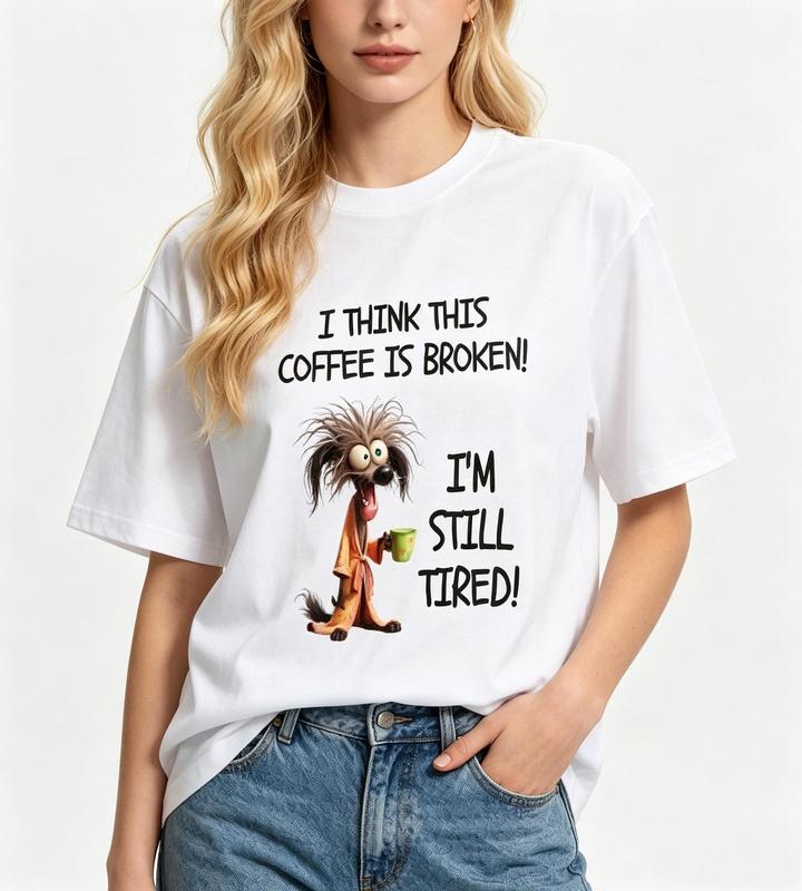 Women's Comfortable White Oversized Crew Neck Graphic Tee - Funny Tired Dog Coffee Quote, Beach Streetwear, Boho Cute Casual Lady Tshirt
