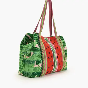 Watermelon Beaded Stripe Banana Leaf Tote Bag - Large Size 24x13x6 with Tropical Leaf Jacquard & Watermelon Embellishment