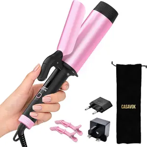 Large 2 Inch Large Barrel Curling Iron for Long Hair Dual Voltage 110-240V with European Plug Curling Wand with Clamp for Loose Curls 5 Temp Digital Display Temp Lock