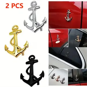 2 pcs Boat Anchor Hook Sticker Metal Car - Black and Silver - 3.07in x 2.09in - Double Sided Heavy-Duty Foam Tape