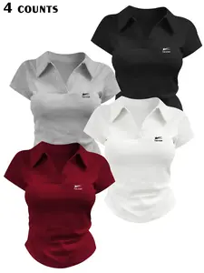 Women's 4 Pcs Solid Color Slim Fit Polo Top Set, Trendy Cute Y2K V Neck Short Tees, Preppy Style for Daily Casual Wear, Summer Streetwear & Office Look