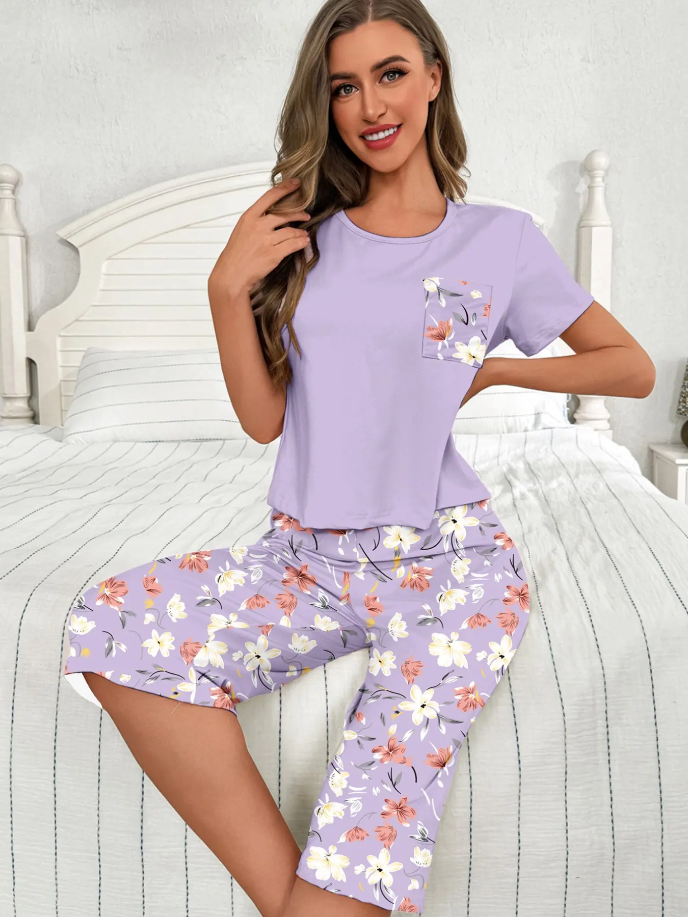 Light Purple Solid Top & Matching Floral Print Cropped Pants Pajama Set, Soft Fresh Breathable Loungewear Sets, Womenswear Nightwear, Pajamas Lounge Set