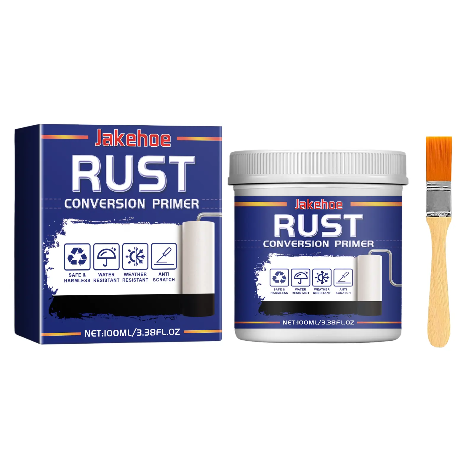 Jakehoe Rust Converter & Metal Primer, Water-Based Rust Reform Paint for Iron Doors, Metal Fences, Stair Handrails, Brackets & Auto Parts, Stops Rust & Corrosion, Weatherproof Anti-Rust Coating, 3.38 FL.OZ with Brush