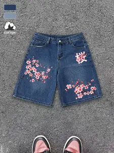 Men's Japanese Cherry Blossom Graphic Floral Jeans Shorts, Loose-Fit Short Pants with Metal Button Waist, Pockets, Summer Casual Streetwear