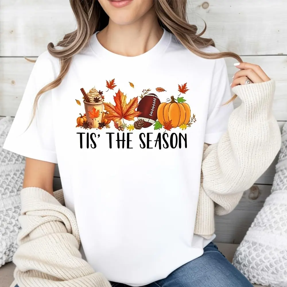 Tis The Season Autumn Leaves Pumpkin Football Print, Raglan Long-Sleeved T-Shirt, Fall Thanksgiving Holiday Theme, Casual Daily Wear