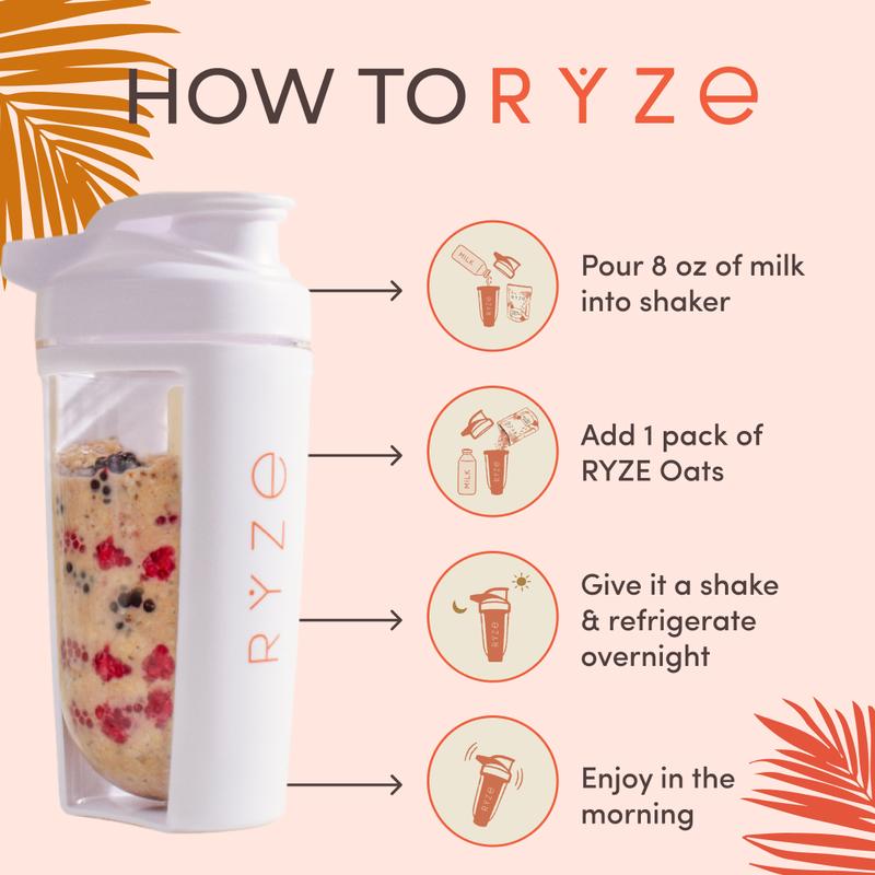 RYZE Mushroom Overnight Oats, Oatmeal with 6 Adaptogenic Mushrooms and 20g Grass-Fed Whey Protein & Chia Seeds, Turkey Tail, Shiitake, Lion's Mane, Reishi, Cordyceps, Healthy Breakfast, 14 servings