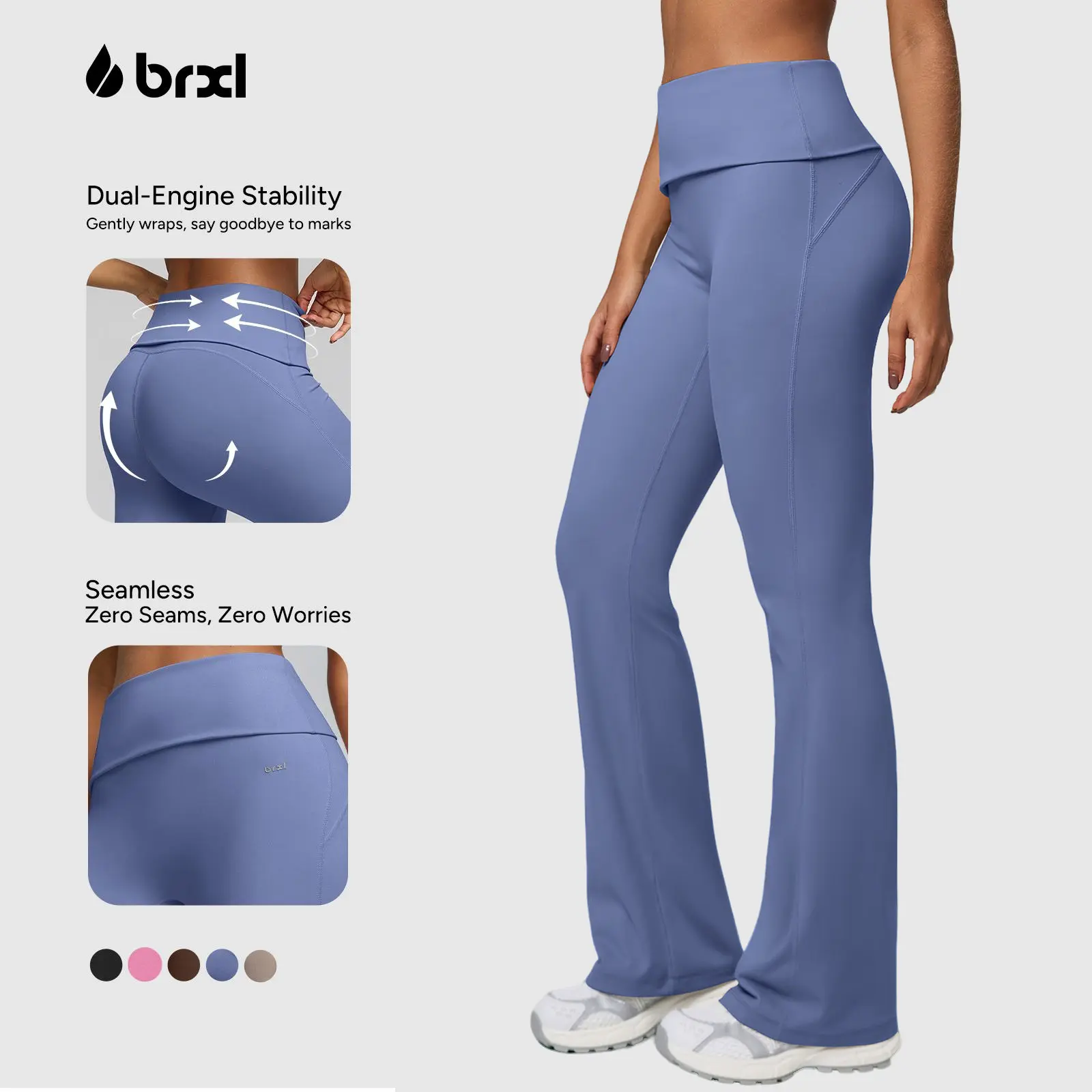 BRXL Tall Ladies' 31" High Waisted No Front Seam Fold Over Flare Leggings - Buttery Soft Minimalist High Compression Athleisure Pants for Gym, Lounge, High Compression Leggings