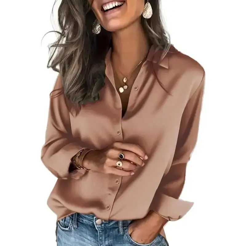 Women's Silk Satin Shirts: Long-Sleeve Button-Down Blouses for Office & Casual Occasions Can be used with raincoat