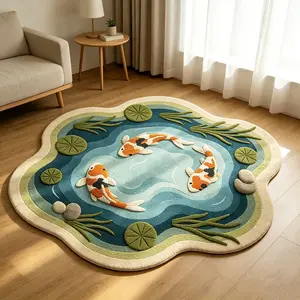 New Chinese style koi lotus pond shaped carpet, Decorative area rug, Water Absorbent Rug, blue-green plush floor mat, anti slip and absorbent foot mat, entrance foyer wear-resistant pad, suitable for new Chinese/Zen style home decoration