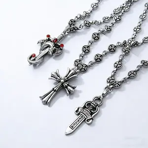 Vintage Silver Barber Same Style, Electroplated Silver Sword Cross Pendant, Antique Finished Hip Hop Fashion Accessory