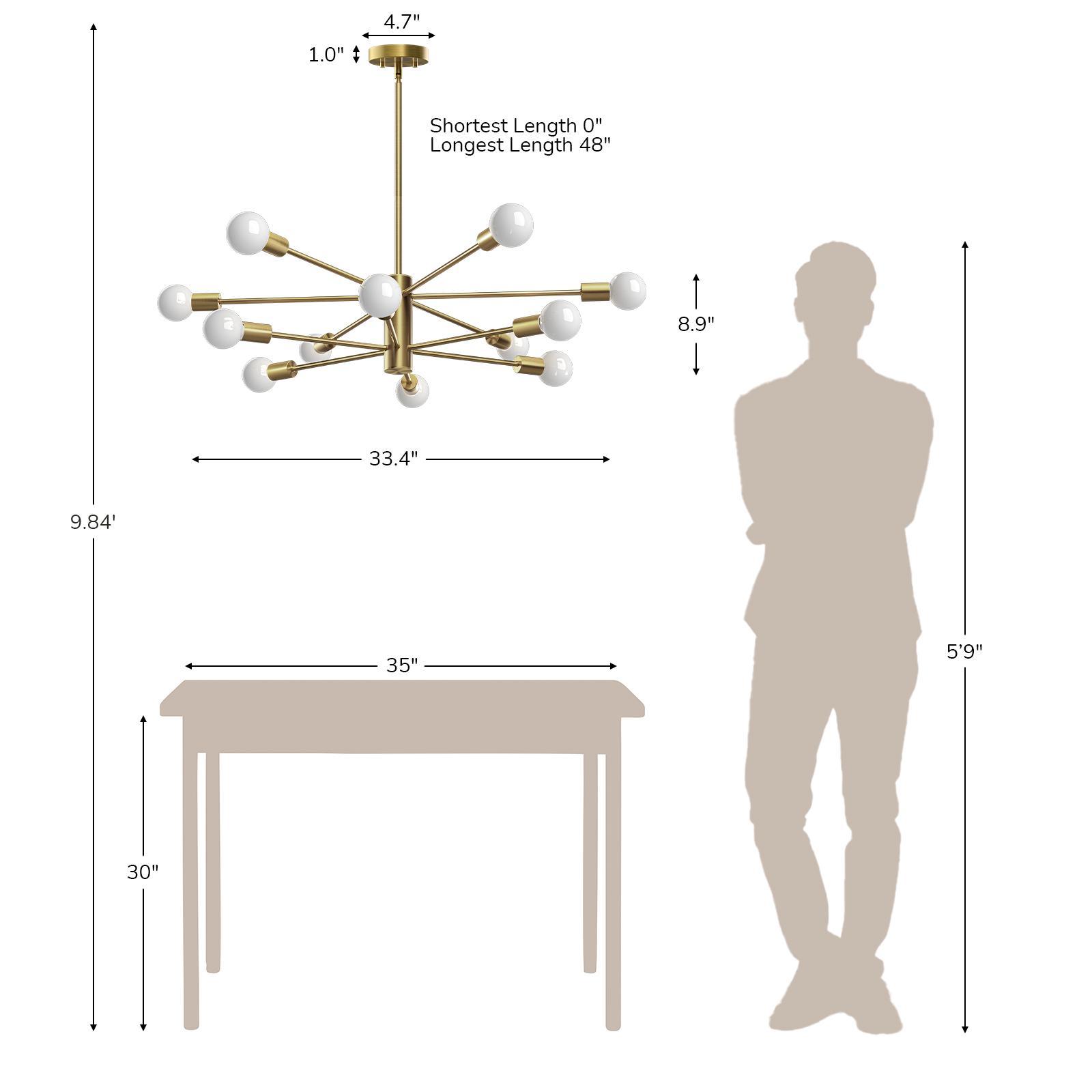 EDISHINE 12-Light Dimmable Sputnik Modern Linear Chandelier,Antique Brass-HHPL17A