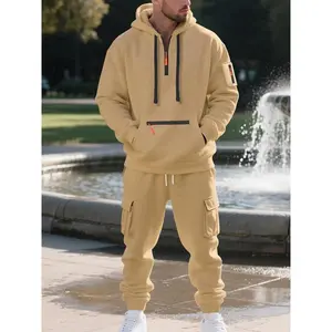 Men's Winter Heavyweight Fleece Lined Casual Set, Loose Fit Sporty Multi-Pocket Workwear Suit, Warm & Comfortable Outerwear