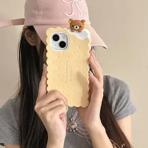 Rilakkuma Funny Sandwich Biscuit Case for iPhone 16, 15, 14, 13, 12, 11 Pro Max Soft Silicone Cover Screen Protector Smartphone cute cartoon Cellphone Protection Protective Casing Shockproof Beige