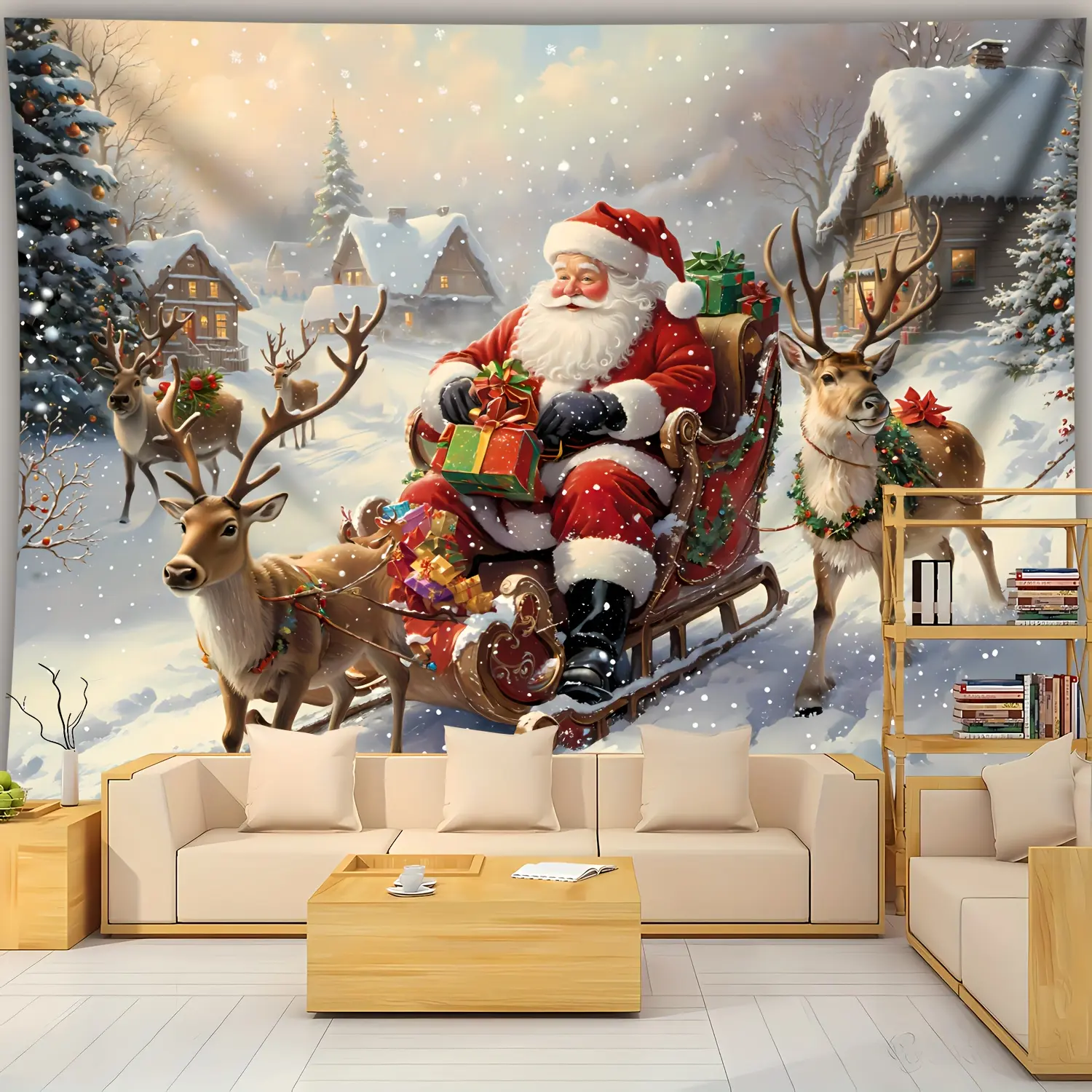 1pc Ultra-Large Rectangular Christmas Festive Santa Scene Carriage Elk Polyester Tapestry, Large-Scale Home Decor Wall Hanging with Free Hanging Clips for Living Room, Live Streaming Backdrop