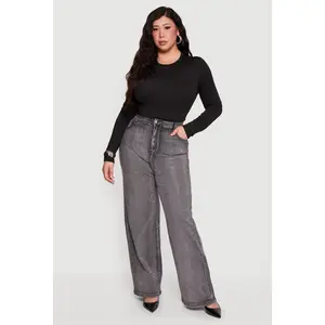 Plus Size Rhinestone Acid Wash Straight Leg Jeans