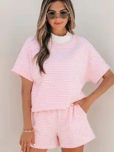 Women’s Pink White Striped Matching Set Mock Neck Boxy Tee + Elastic Waist Shorts Casual Summer Outfit