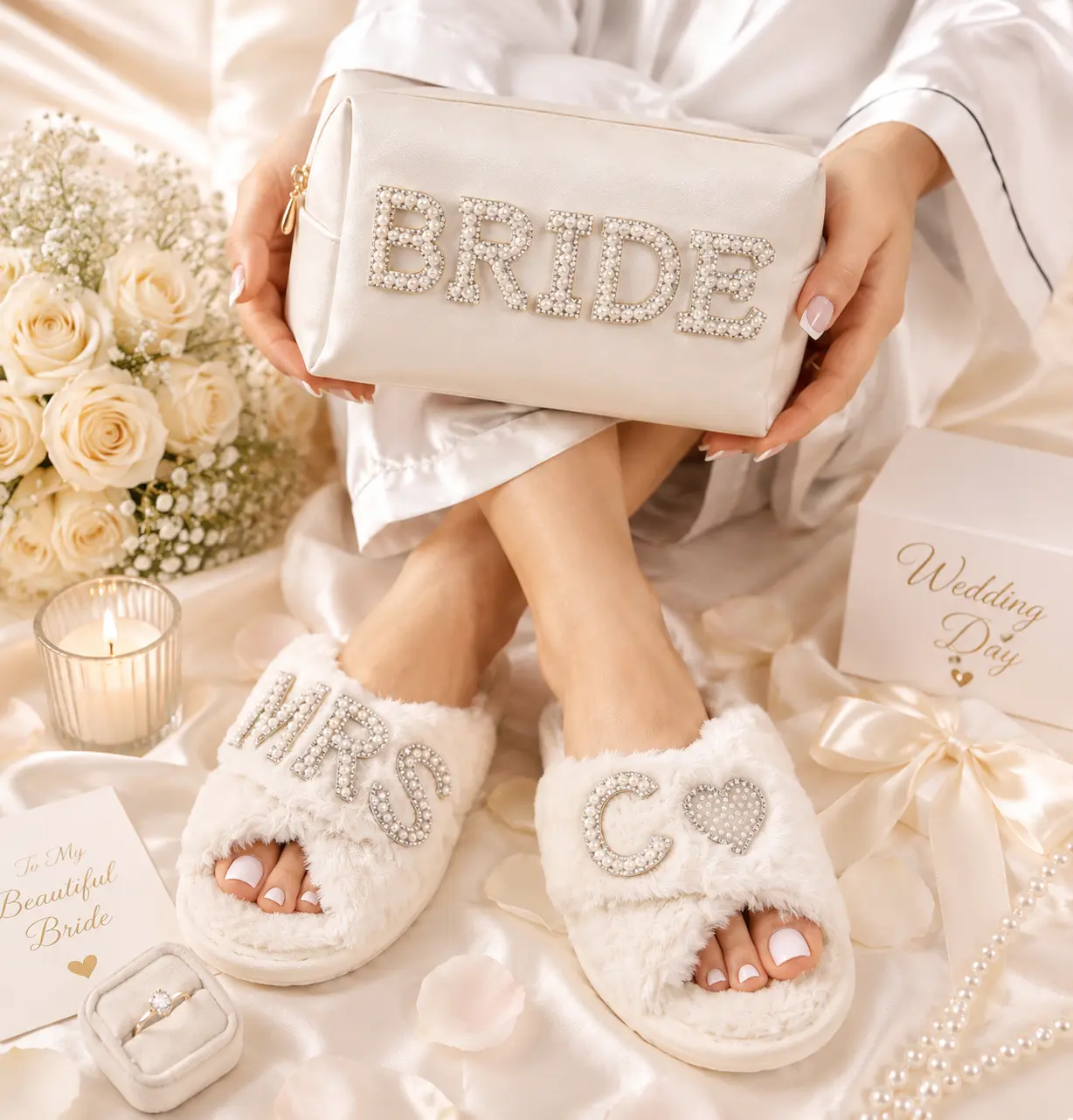 Bridal Gift Set Mrs Fluffy Slippers & "Bride" Make Up Bag