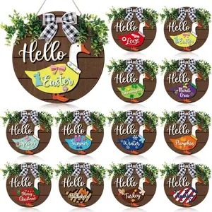 Interchangeable Goose Sign Gift Wooden Goose Decor with Magnet Detachable Seasonal Welcome Changeable Hello Geese Signs Rustic Farmhouse Front Door Round Wreaths Hanging Decorations for Party Porch Home Outdoor Wall Office