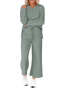 BTFBM Women 2-Piece Outfit 2026 Fall Winter Lapel V Neck Long Sleeve Pullover and Wide Leg Pants Lounge Sets Pockets #Clearance