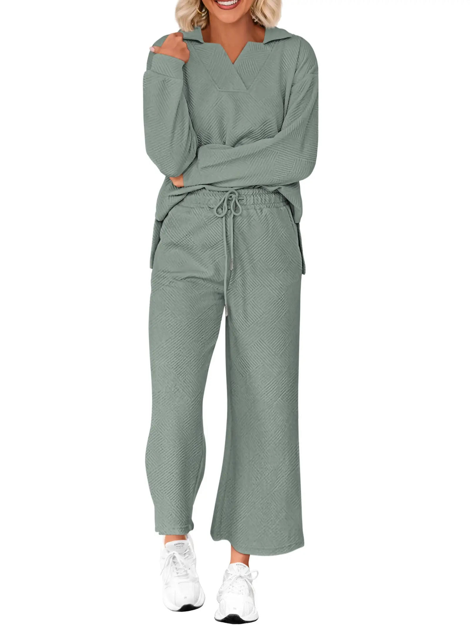 BTFBM Women 2-Piece Outfit 2025 Fall Winter Lapel V Neck Long Sleeve Pullover and Wide Leg Pants Lounge Sets Pockets #Outdoorfun