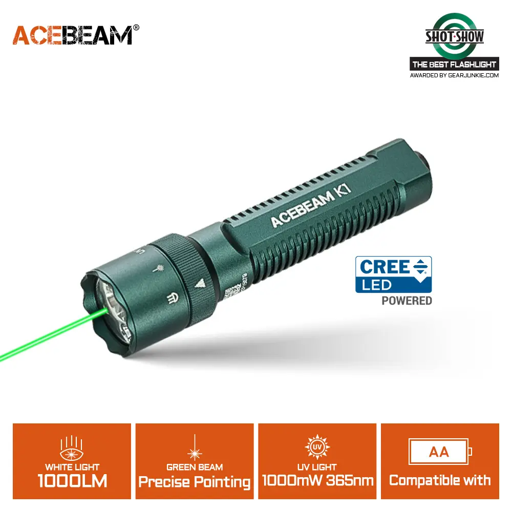 ACEBEAM K1 EDC Flash Lights, Compact 3-Source Device with 1000 Lumens, 365nm UV, Green Pointing Beam, Rotary Magnetic Switch, USB-C Charging 14500 Battery