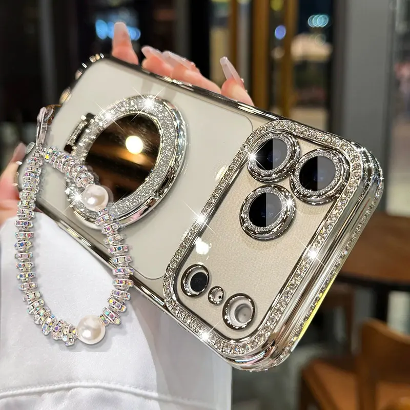 Smartphone Casing for iPhone 13/14/15/16/17 Pro Max, 14/15/16 Plus & 17 Air, Chrome Silver Frame, Mirror Stand, Pearl Bracelet, HD Transparent Material, Full-Coverage Anti-Drop Protection for Handheld Cellphone Devices, Accessories