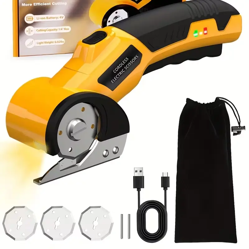 Cordless Electric Scissors with 3 Blades, 4V 2000mAh Rechargeable Cardboard Cutter, Heavy-Duty Fabric Scissors Equipped with Safety Lock & LED Light, Electric Rotary Cutter for Cutting Leather, Carpet & Plastic