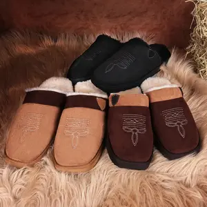 Cowboy Boot Slippers for Men Western House Slippers Indoor & Outdoor Square Toe Chestnut Soft Faux Fur Lining Durable Cotton Fabric