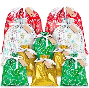 10 PCS Christmas Drawstring Gift Bags with Tags, Assorted Size Xmas Gift Bags Set in Bulk, Large Medium Small Made of Food-Grade Aluminized Polymer, Reusable Eco-Friendly Drawstring Sacks for Holiday Wrapping & Party Favors