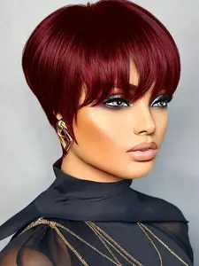 Human Hair Short Straight Pixie Cut Wig with Bangs, Full Machine Made  Wigs, Natural Black 99J Burgundy 4# Brown,Human Hair Pixie Wig for Women
