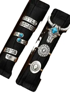 6 Pieces, Alloy Vintage Western Style Turquoise Bull Head Cactus Ring Set, Boho Jewelry Collection, Unique Gift Idea for Women & Girls, All Season Wear