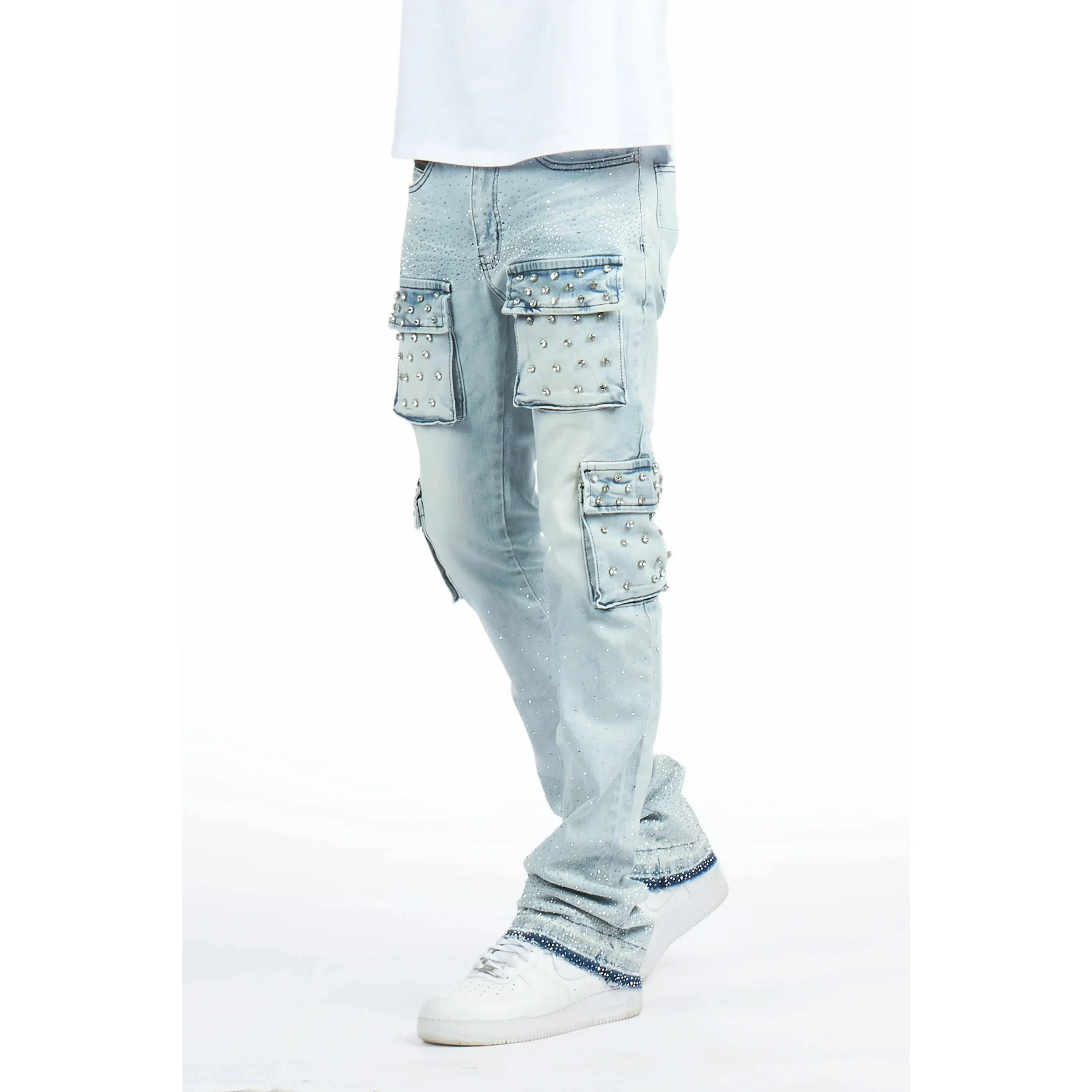 Arman Light Blue Rhinestone Stacked Fit Jean