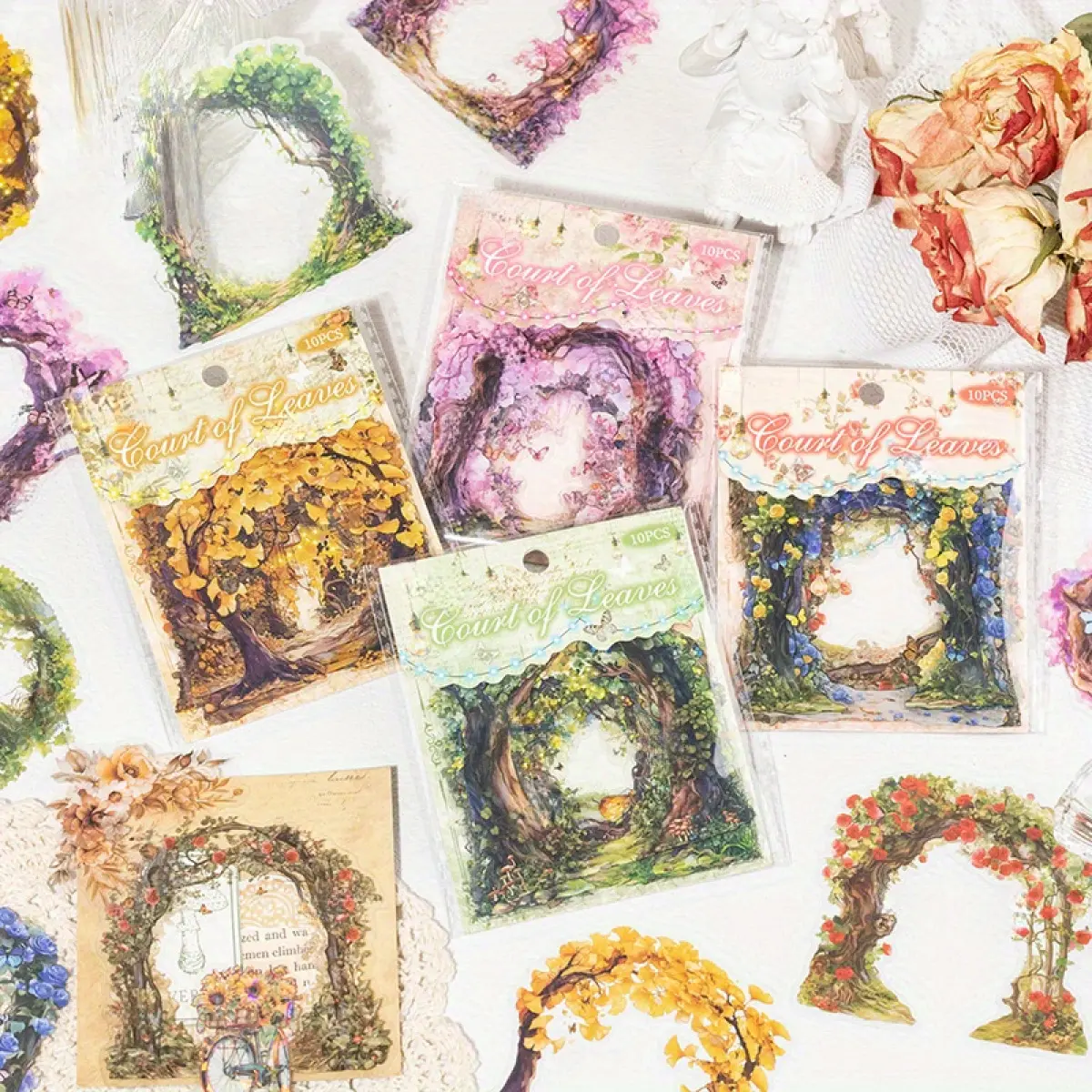 40-Piece Retro PET Waterproof Art Stickers, Plant Arch Bridge Themed Office Stationery Labels for DIY Handbook Decoration & Primer Material Pack