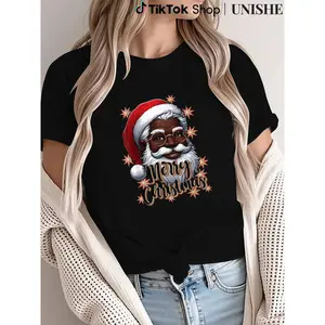 Breathable Cotton African American Santa T-Shirt – Christmas Pajama Style for Family