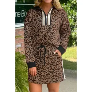 Khaki Leopard Print Quarter Zip Long Sleeve Top Mini Skirt Set