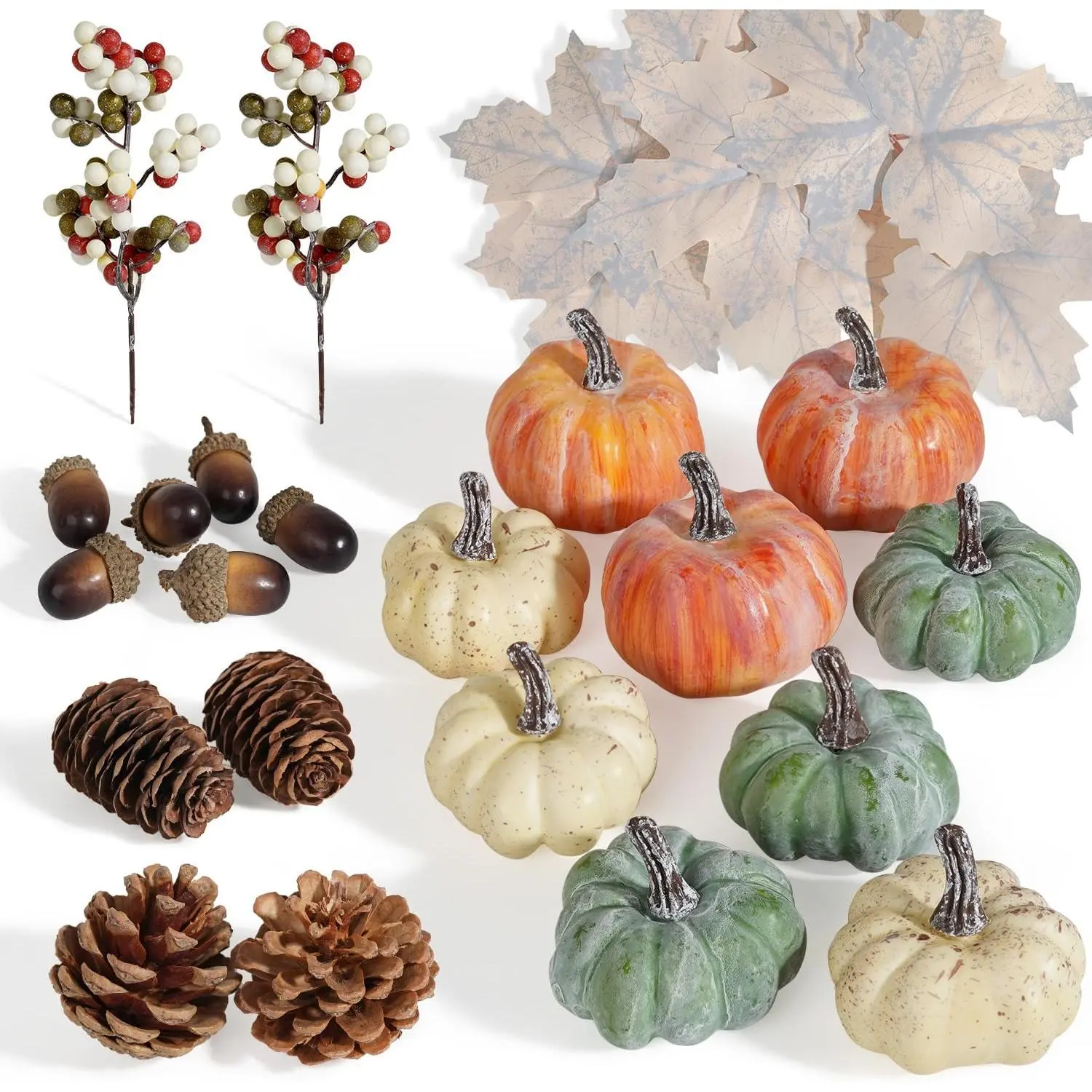 25 count Pumpkin Decor Set, Artificial Pumpkins Fall Decor for Halloween Thanksgiving Decorations with Acorns, Pinecones, Berries, Maple Leaves for  Table