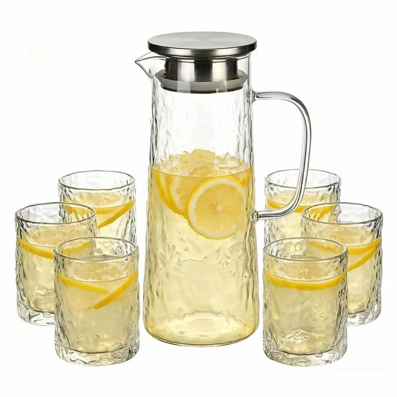 7PCS Glass Pitcher Set with 6 Drinking Cups, Cold Beverage Dispenser for Iced Coffee, Juice, and Tea, Fridge-Safe Water Carafe