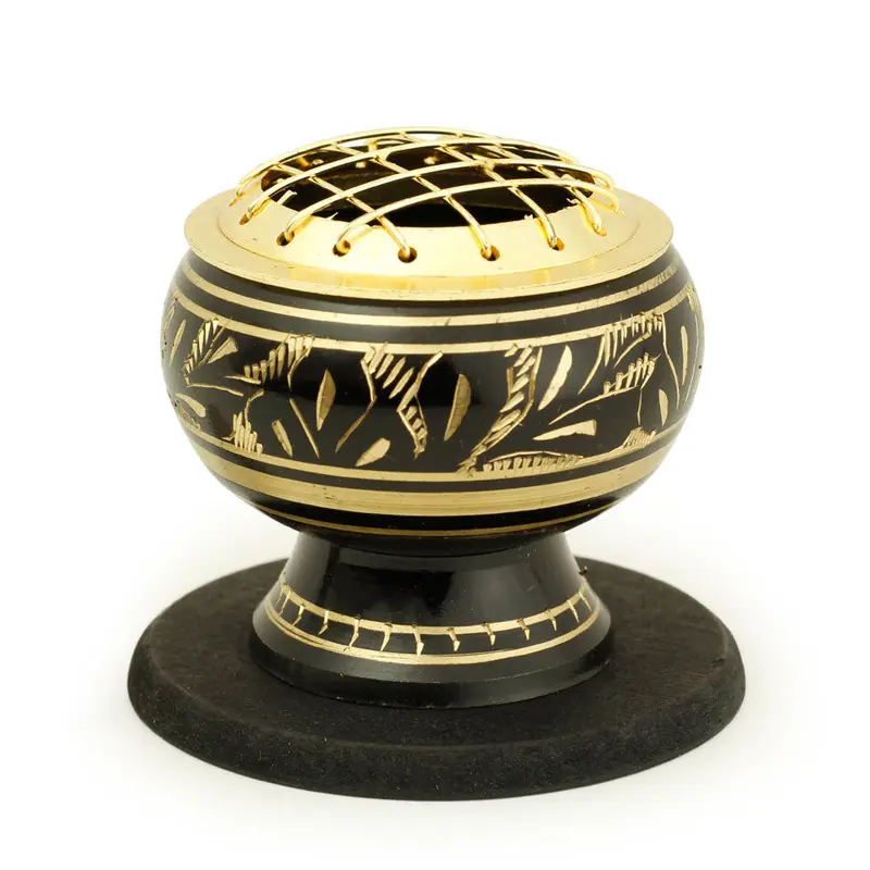 Burner - Black Brass Burner, Medium Base, Fern Engraving, Net Top 2"Hx2"D