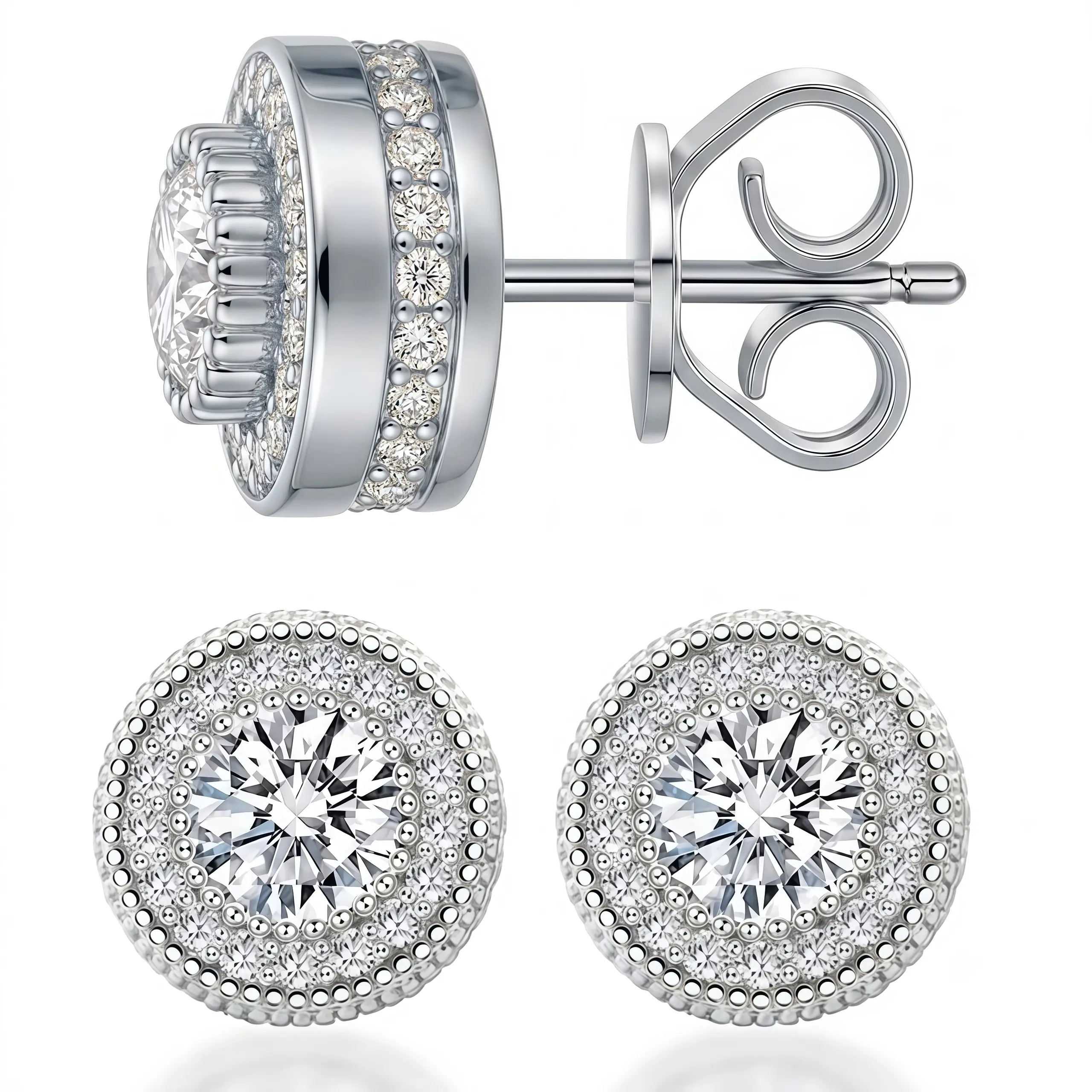 S925 Silver Double Halo Ice Cut 6A Cubic Zirconia Stud Earrings CZ Jewelry Birthday Mother’s Day Christmas Gift for Men Women