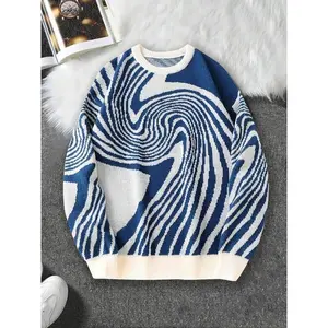 Unisex's All Over Print Drop Shoulder Sweater, Loose Street Long Sleeve Round Neck Jumper for Fall & Winter, Fashion Unisex's Knitwear for Daily Wear