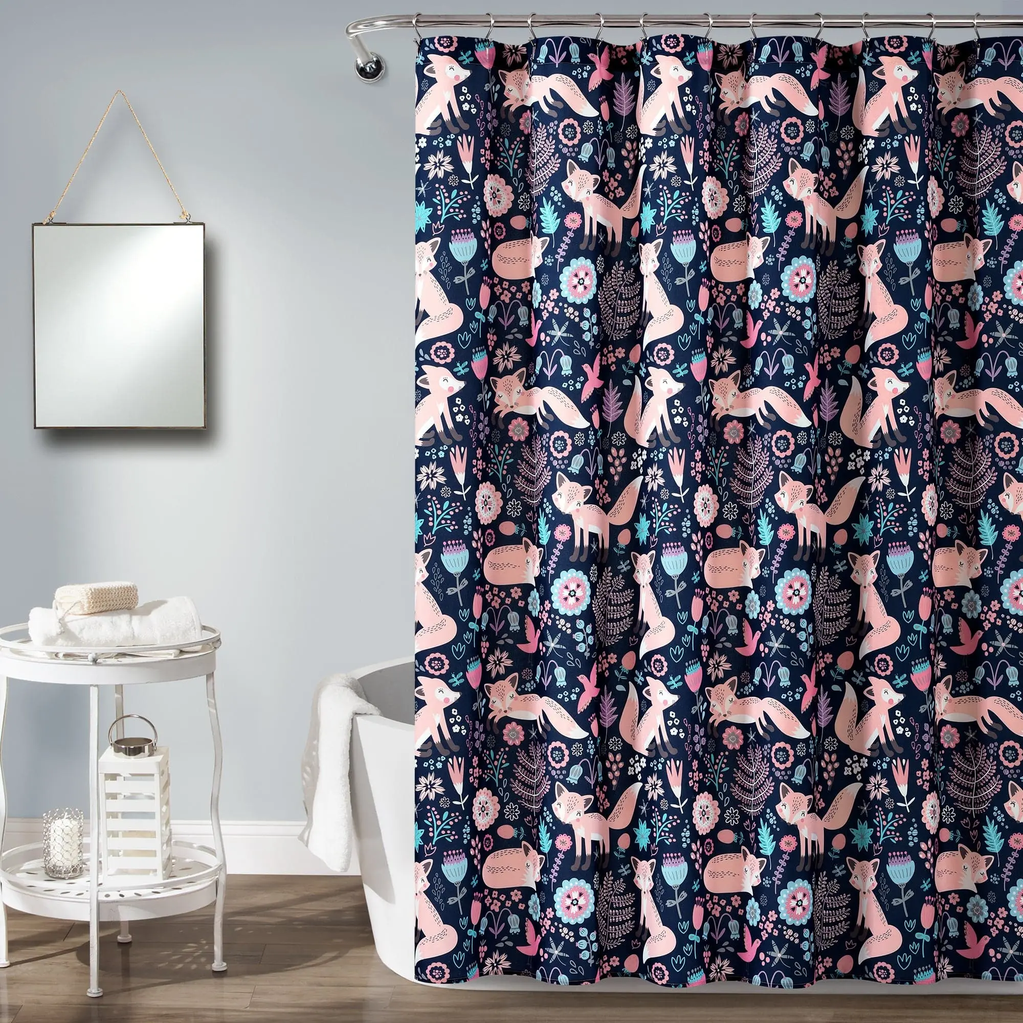 Lush Decor Pixie Fox Print Shower Curtain - Hook Compatible Bathroom Accessory with Flowers, Fun Decor for Children, Teenagers