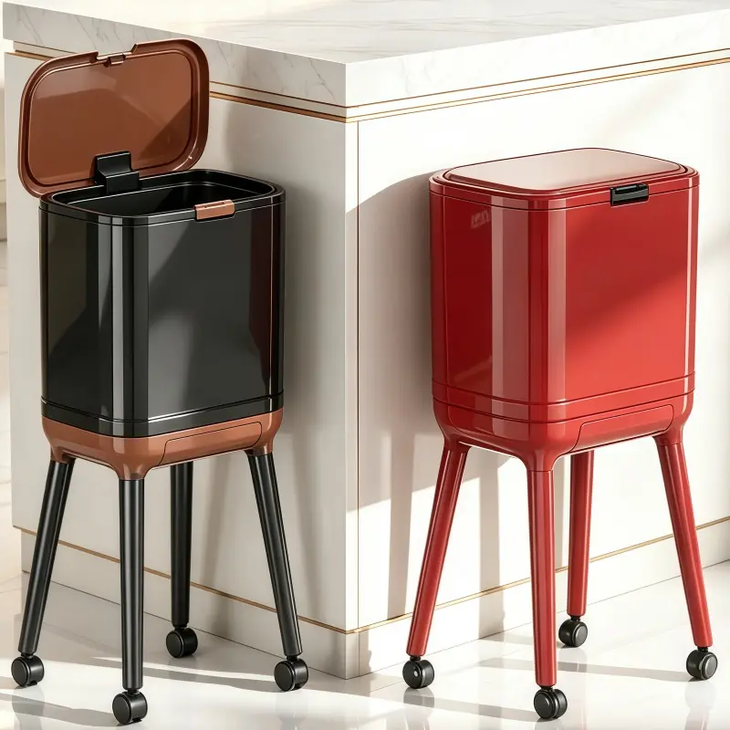 GOLDSNAKE 4.23 Gal Press-Top Trash Can with Legs, Narrow Modern Large-Capacity Waste Bin with Inner Bucket, Drawer & Rolling Wheels, Plastic Container for Kitchen, Bathroom (Black & Red)