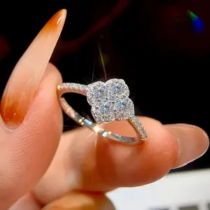 Extra Sparkle S925 Sterling Silver Four-Leaf Clover Cubic Zirconia Ring, Dazzling Statement Bridal Jewelry, Luxury Wedding Band & Everyday Elegance for Women