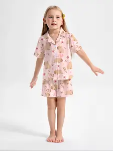 Denim Print Kids Pajama Set, Cute Style Sleepwear for Boys & Girls, Short Sleeve Button Front Top & Elastic Shorts