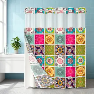 1PC double-layer large ring shower curtain, colorful mandala pattern, shower curtain, high-end quick drying hanging curtain, bathroom, curtain, waterproof, mildew proof curtain