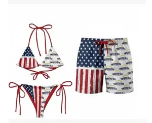 American Flag Bikini and Trunks Set, Patriotic Couple Swimsuit, USA Stars and Stripes Bathing Suit, Independence Day Beachwear, His and Hers