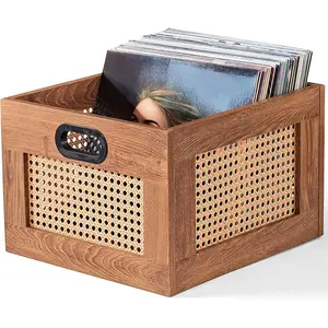 Vinyl Record Storage Crate, Rattan Vinyl Record Holder with Handle,  Record Crate for Vinyls Holder up to 75 LP's, Desktop Cube Album Storage for Vinyls Records( Brown)