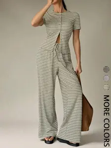 2 Piece Crew Neck Short Sleeve Striped Fitted Top & Wide Leg Pants Set Casual Loungewear Outfit